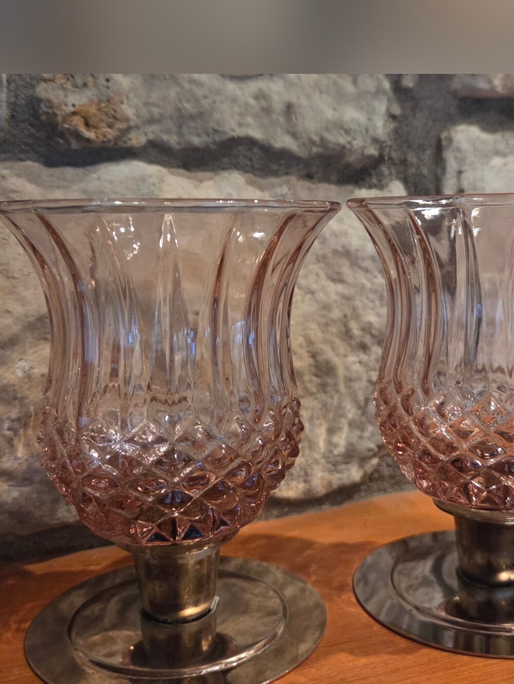 Lot  of 2 Vtg HOMCO 1201 Cathedral Diamond Plum Glass Votive Cup Candleholders
